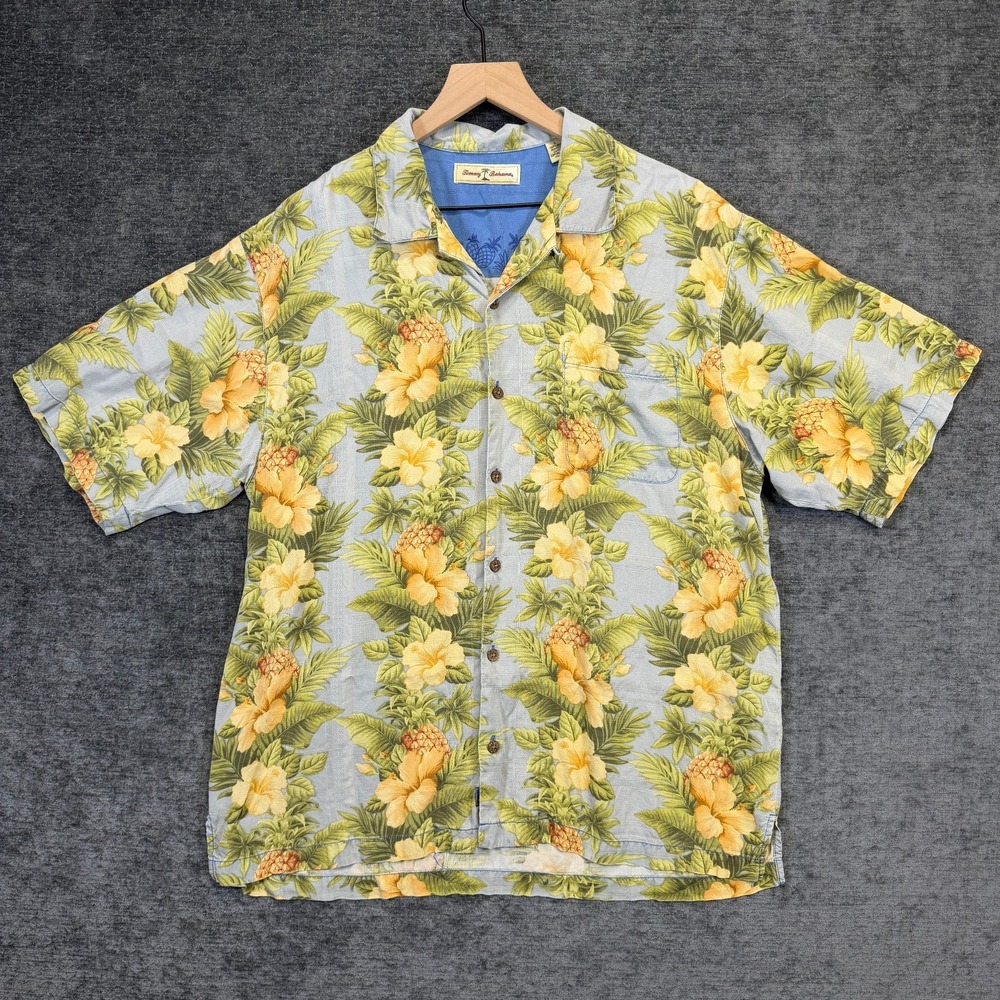 Tommy Bahama Silk Hawaiian‎ Floral Pineapple Shirt Blue Yellow L